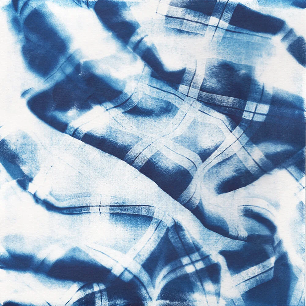 untitled (crumpled grid 005). 2019. cyanotype. 9 x 9 inches