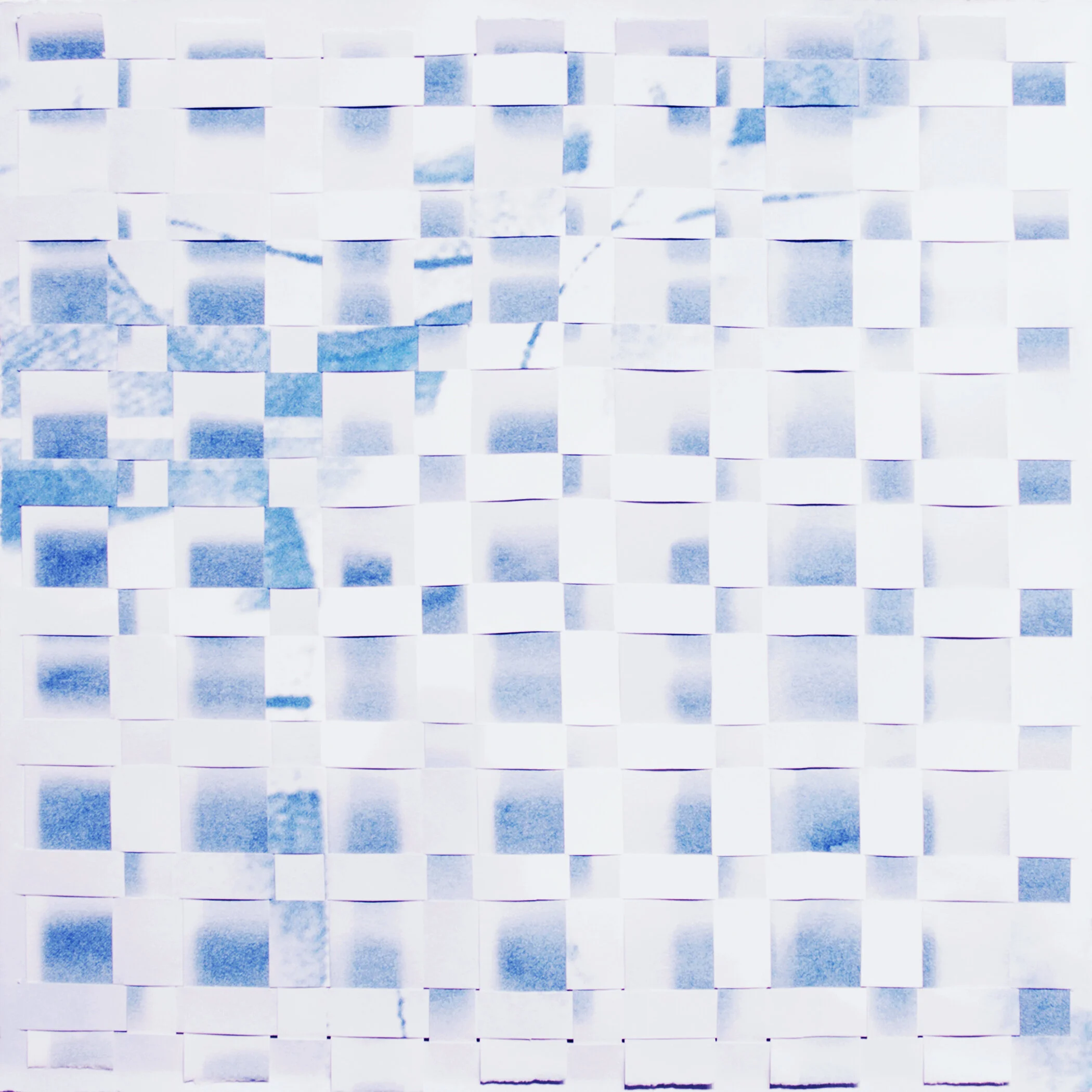 untitled (woven grid 003). 2019. two cyanotype prints on paper, physically cut and woven together by hand. 12 x 12 inches