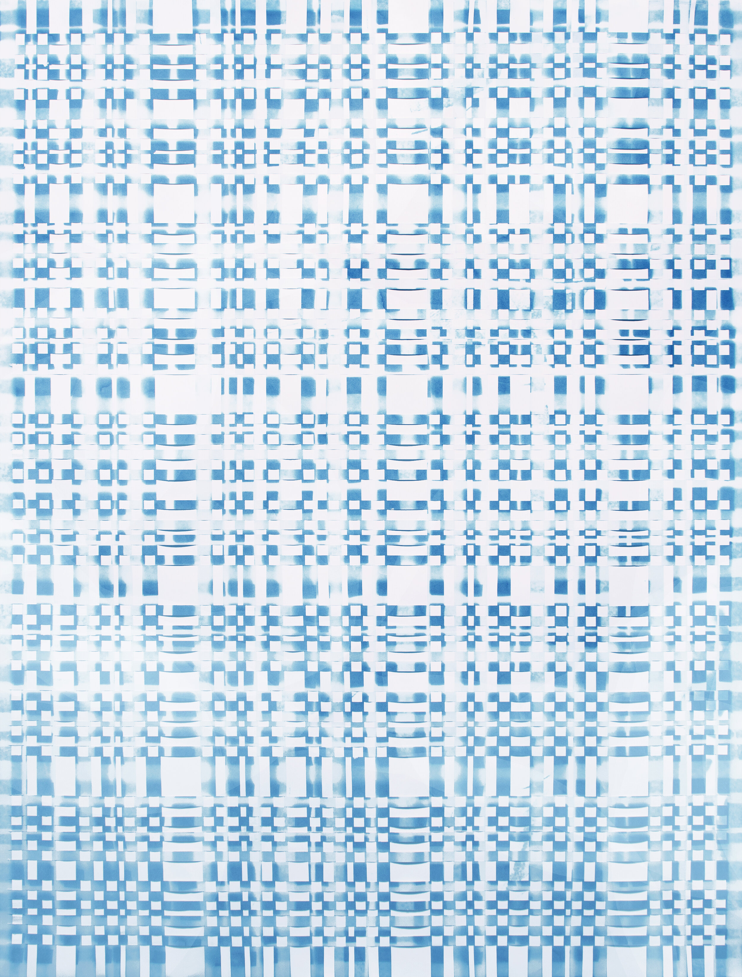untitled (woven grid 008). 2019. two cyanotype prints on paper, physically cut and woven together by hand. 53 x 29 inches