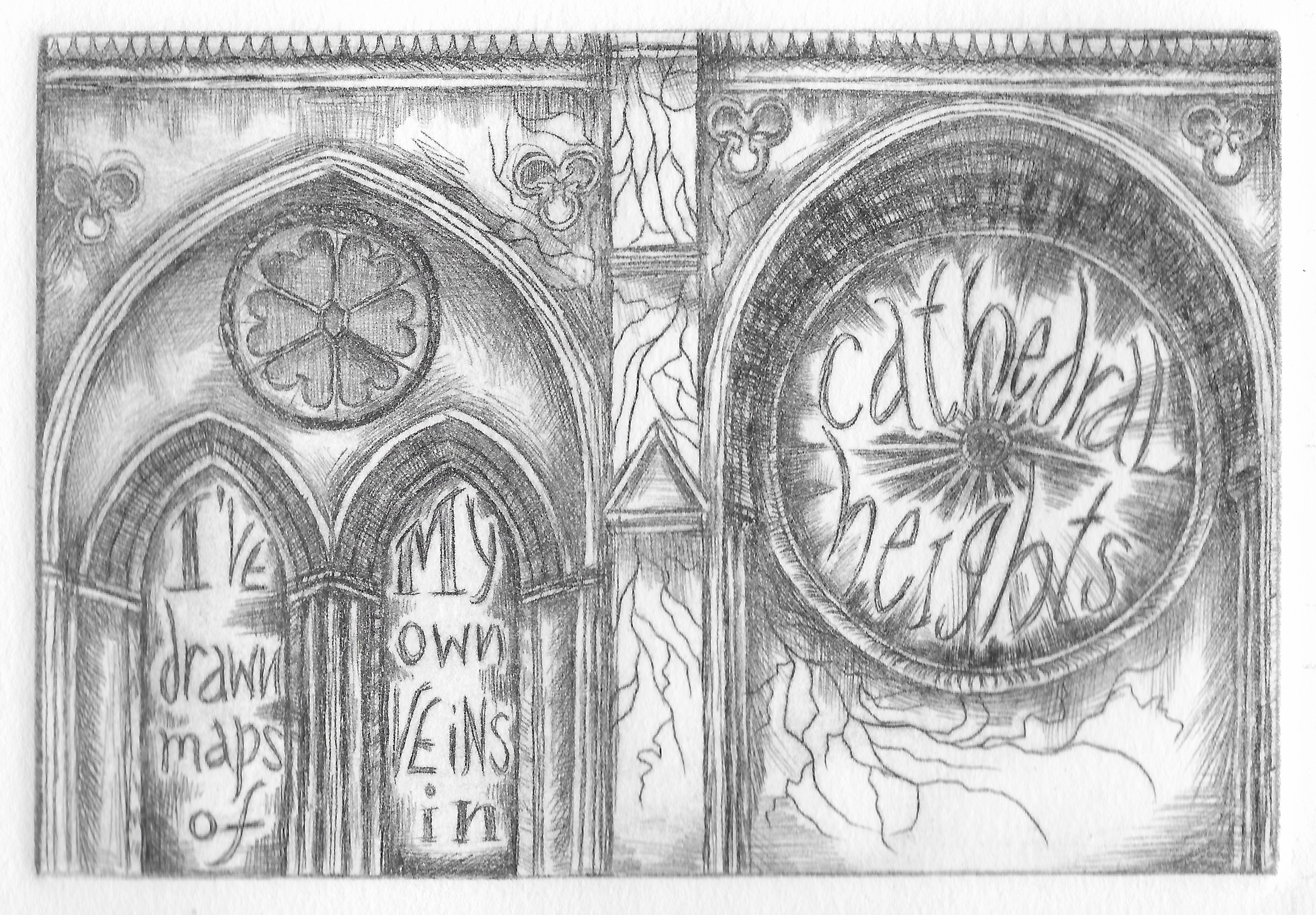 From "Resurrection," a drypoint etching I hand-printed that illustrates a line from one of the poems I read on March 1st. More can be viewed in the Printmaking page.