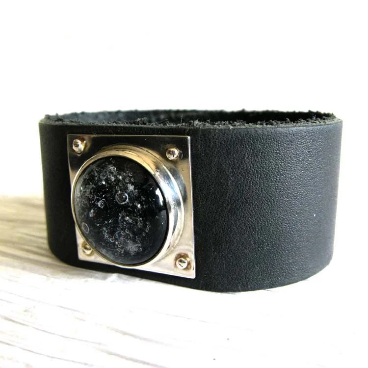 Journey ~ Leather and glass memorial cremation cuff with sterling silver (1).jpg
