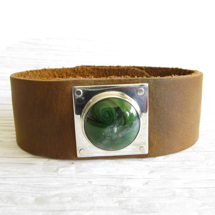 Journey ~ Leather and glass memorial cremation cuff with sterling silver (8).jpg