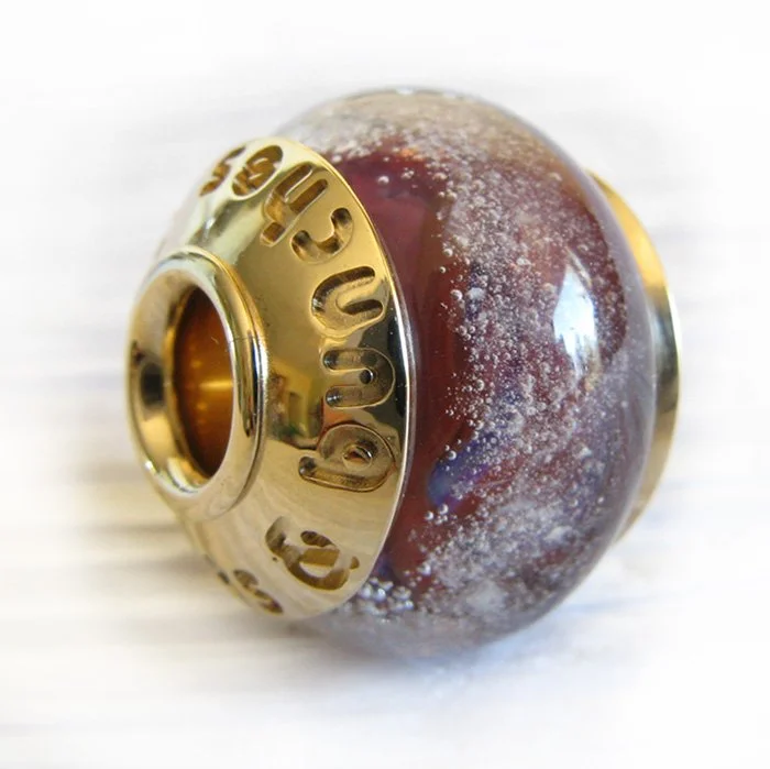 Pandora compatible Cremation Ash Glass Bead 14k Solid Gold