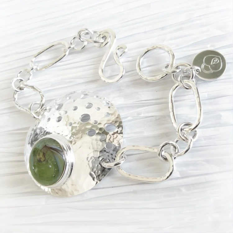 Vitality ~ Glass cremation ashes menorial jewelry artisan sterling silver disc bracelet by Locked in Art 5.jpg