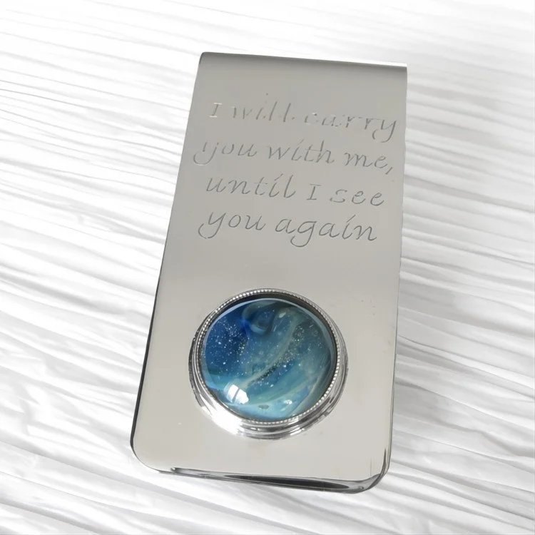 Inspire ~ Glass cremation accessories for men sterling silver engraved money clip 2.jpg
