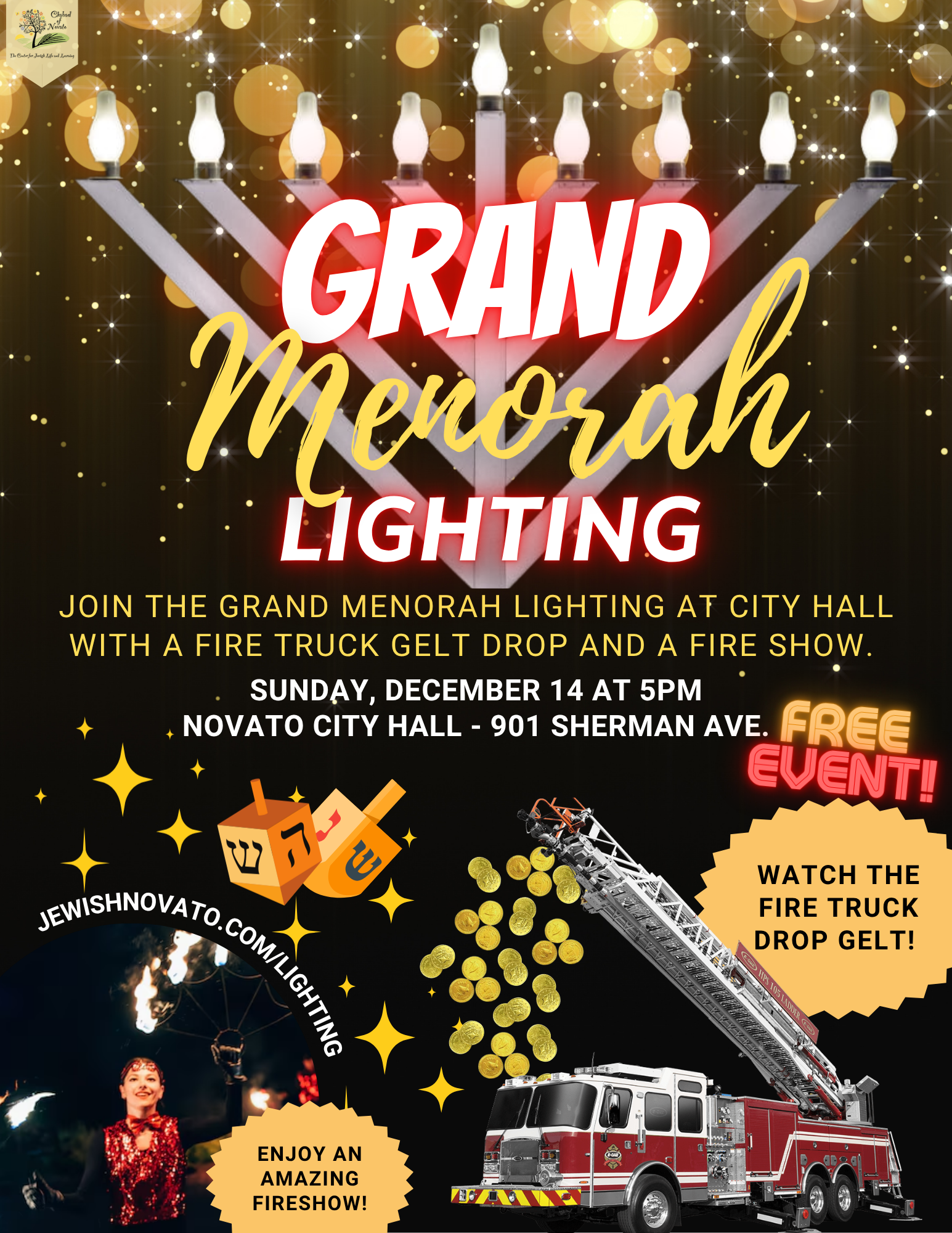 Novato: Grand Menorah Lighting &amp; Fire Truck Gelt Drop
