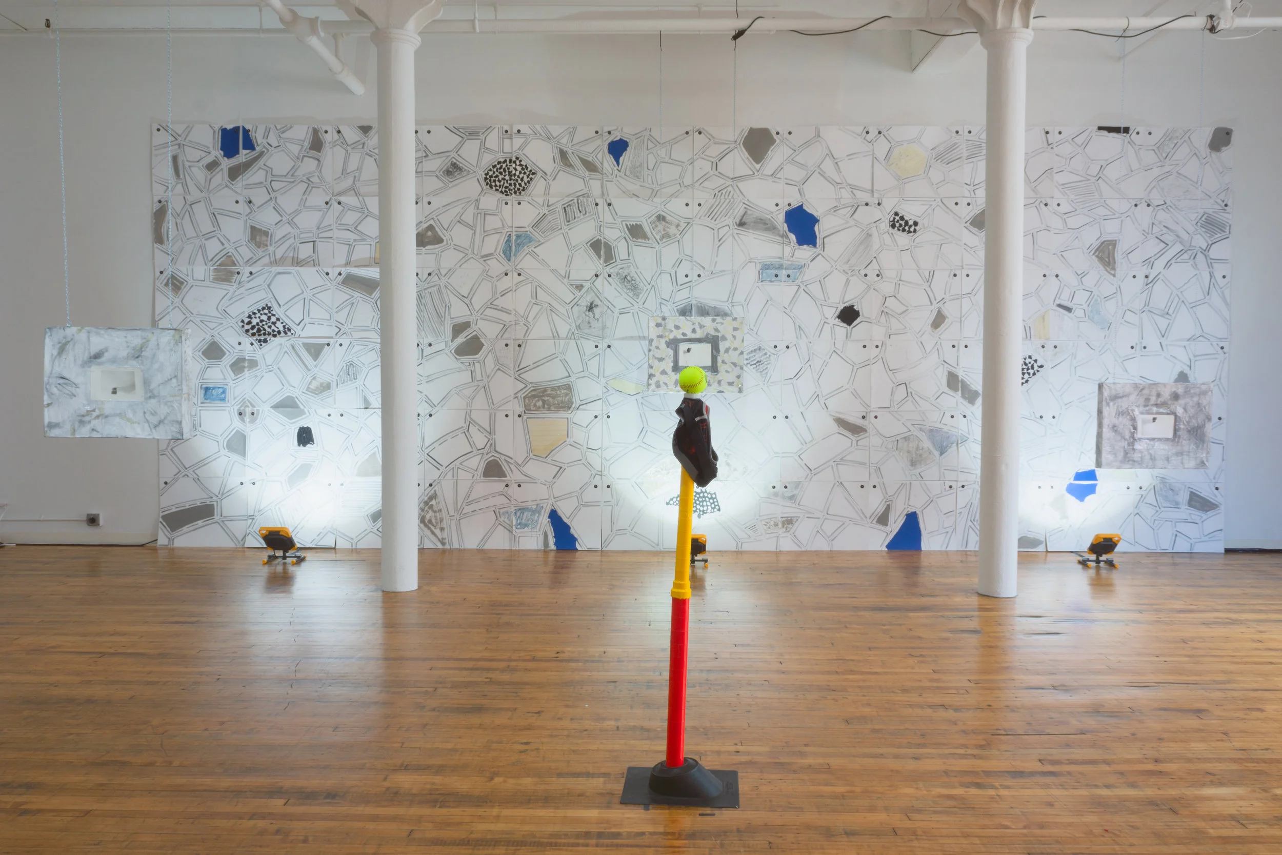 Installation shot: (from front to back) Lauren Steinberg, Retiring the RodeoH , 2018; Bobby Gonzales, Old Pictures of my Young Dick , 2003, 2018; Bobby Gonzales, Boundary Formation , 2018