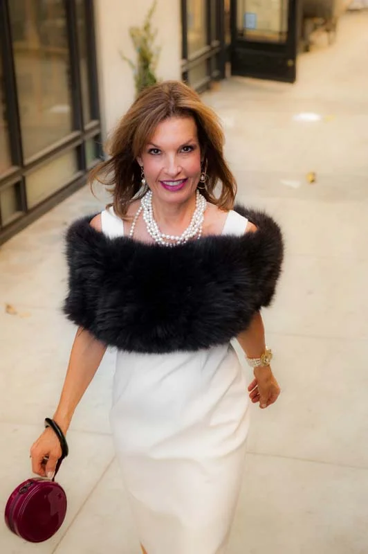 Fox Fur Stole , White Dress , Cocktail Handbag ; All by WORTH New York . Manolo Blahnik Heels. 