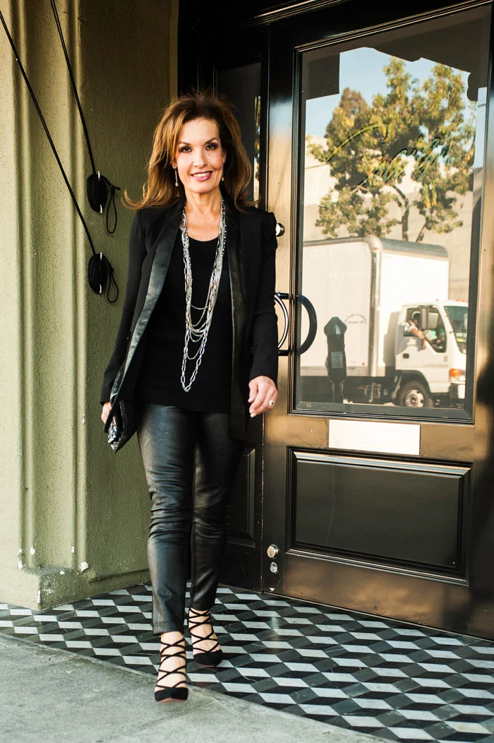 VENIA Jacket and T-Shirt. CAbi Faux Leather Leggings. Aquazzura Shoes. Gemma Redux Necklace. Zadig and Voltaire Clutch. Irit Design Earrings.&nbsp;