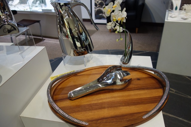 Nambe tray $150, Salad Servers $125, Vase $50 , Pitcher $125.