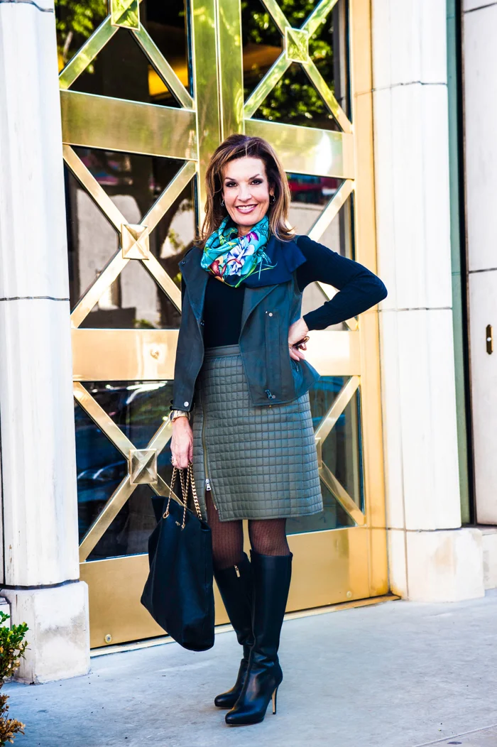 Worth New York Skirt , Vince Ribbed Sweater and Vest, Gucci Scarf, Wolford Tights, Jimmy Choo Boots, Lanvin Bag, Hamilton Watch, Oliver Peoples Shades. 