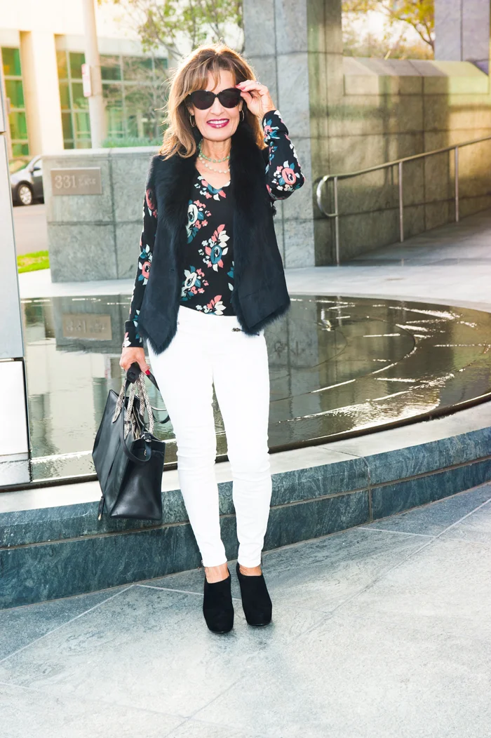 Vest from Savannah Santa Monica , Carven Sweater from Scoop NYC , Current/Elliot Pants , Stuart Weitzman Shoes, also seen here , Balenciaga Handbag, Chanel Shades.