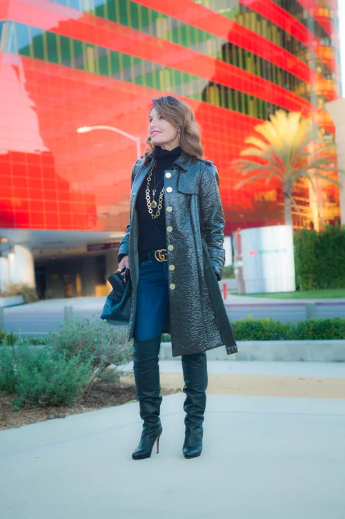 Worth New York Coat , Aqua Turtleneck, Rag and Bone Jeans, Jimmy Choo Over-the-Knee Boots, similar on sale here , Stephanie Kantis Necklaces , Gucci Belt, Valentino Handbag, Celine Shades.