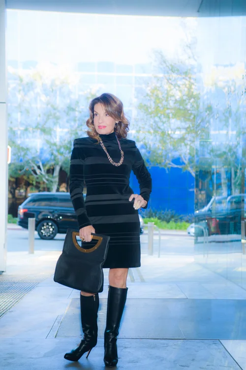 Balmain Dress, Jimmy Choo Boots, Saks Fifth Ave Leather Coat, Tom Ford Clutch, Missoni Necklace, Celine Sunglasses. 