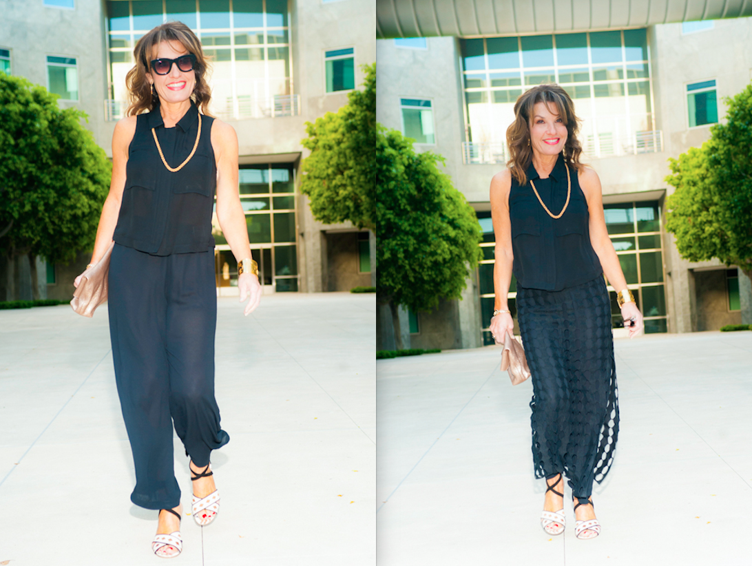 Theory Top, Peter Cohen Pants and Awake Skirt (available at Savannah Santa Monica), My grandmother's Necklace, Gianvito Rossi S andals, Mulberry Clutch. 