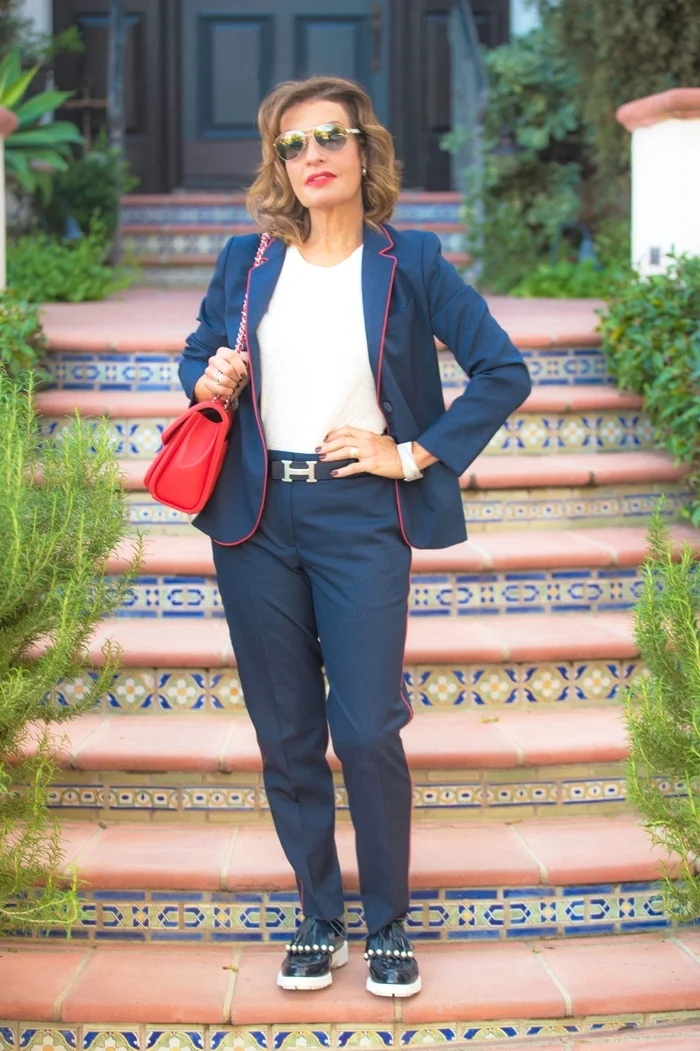 Sandro pants and jacket , Rag and Bone t-shirt , Robert Clergerie shoes , , Hermes belt, Chanel handbag, cuff and sunglasses, Christian Dior earrings