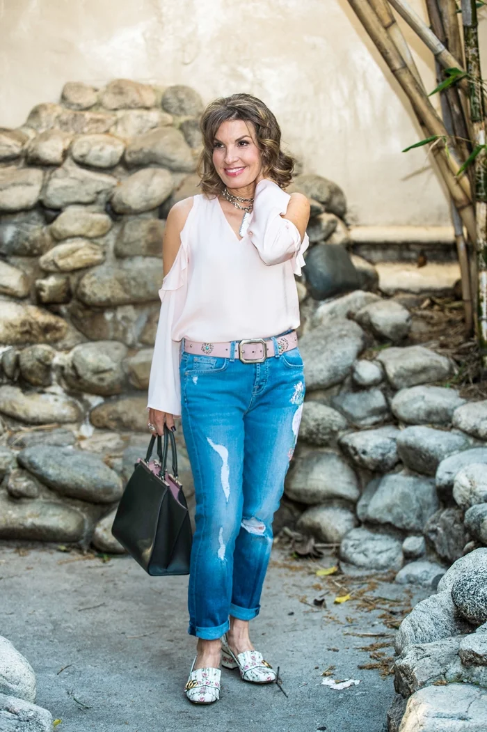 Aqua Blouse ( similar here ), 7 For All Mankind Jeans , Fendi Handbag , Gucci Shoes , Robin Terman necklace