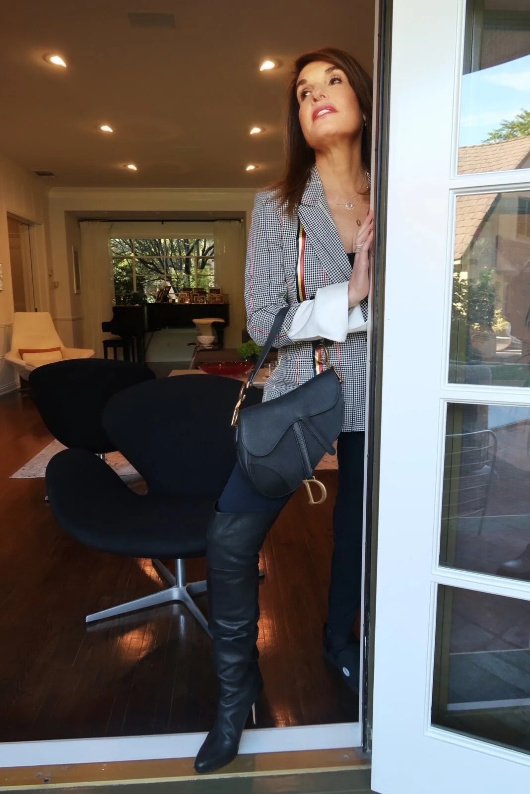 Hellessy blazer, Go Commando camisole, Dior saddle bag, Jimmy Choo boots similar here, necklaces, top to bottom: Robin Terman, Sydney Evan eye necklace The Jewelry Bar, Glow necklace by Looma Jewelry X Melissa Meyers, DL1961 jeans