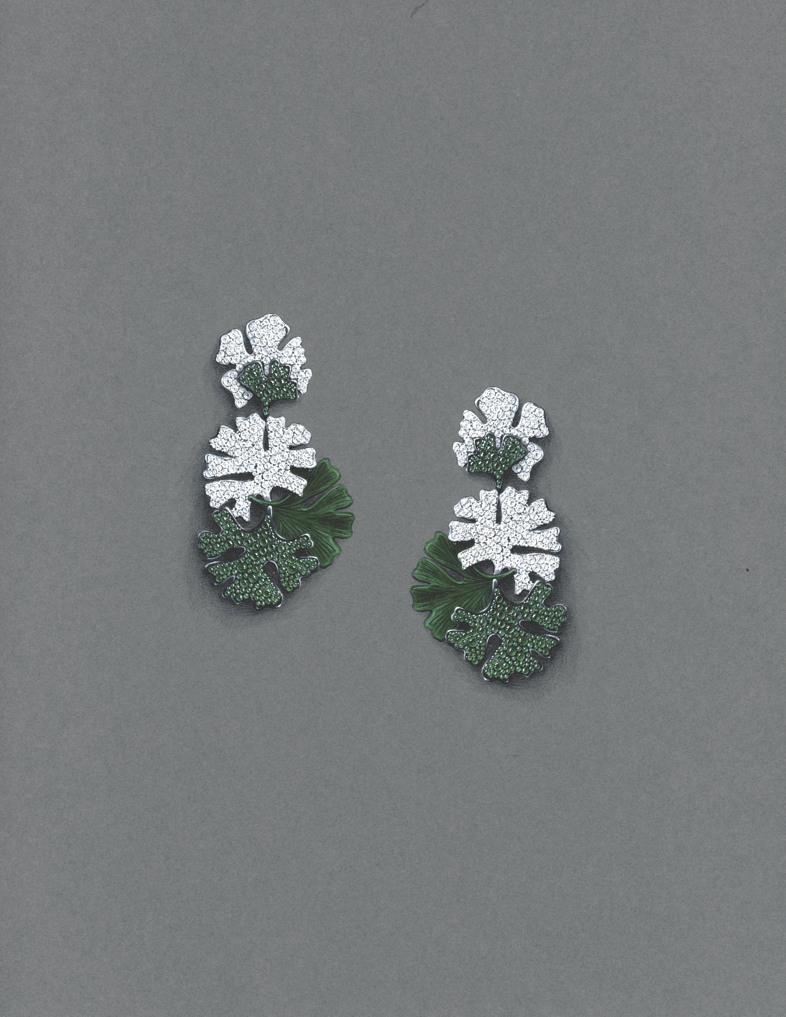  Gouache painting of a pair of earrings with emerald cabochon pave, white diamond pave, set in 18k white gold, with anodized aluminum.  Digitally manipulated to reflect the completed right side on the left. 
