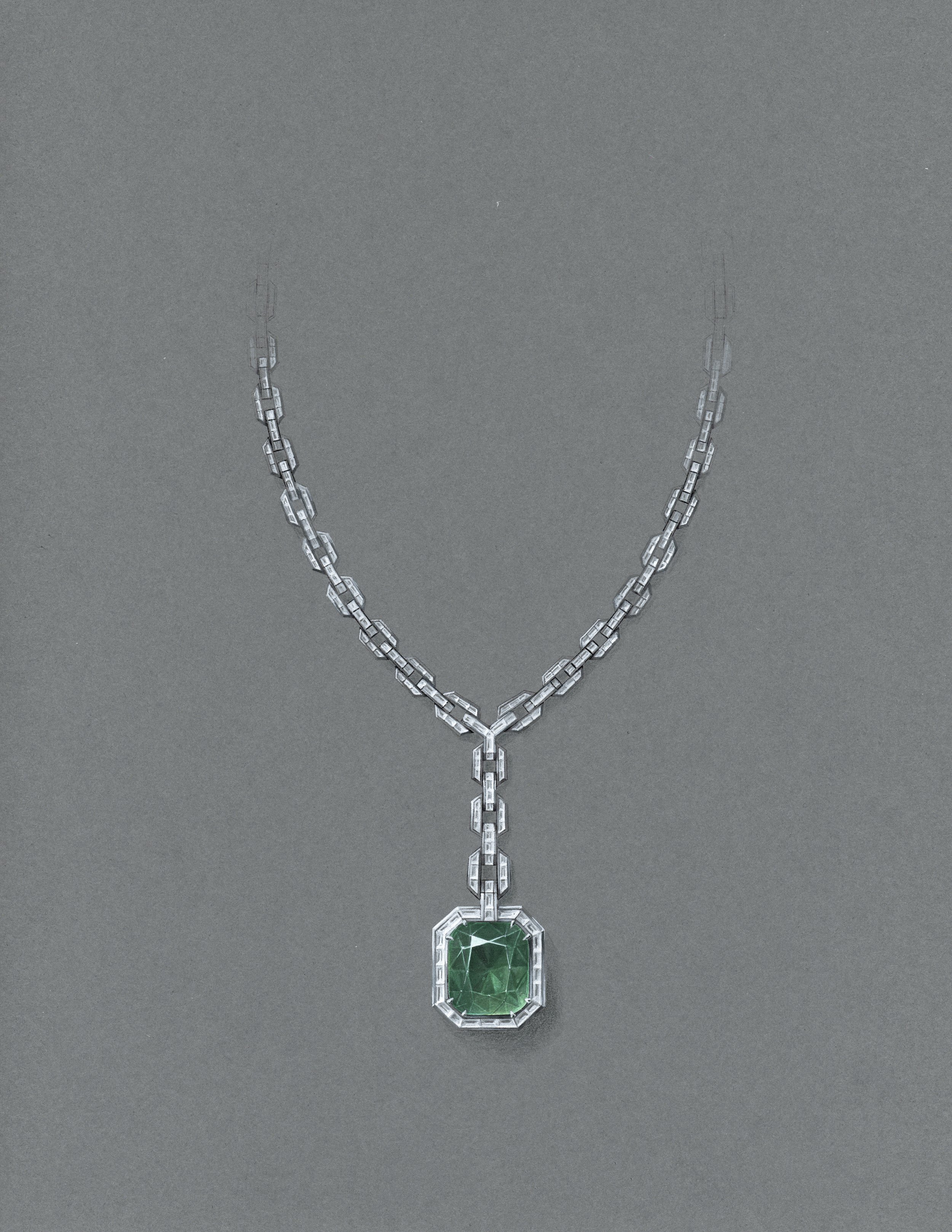  Gouache painting of a 32ct emerald pendant necklace with white diamonds in 18k white gold. 