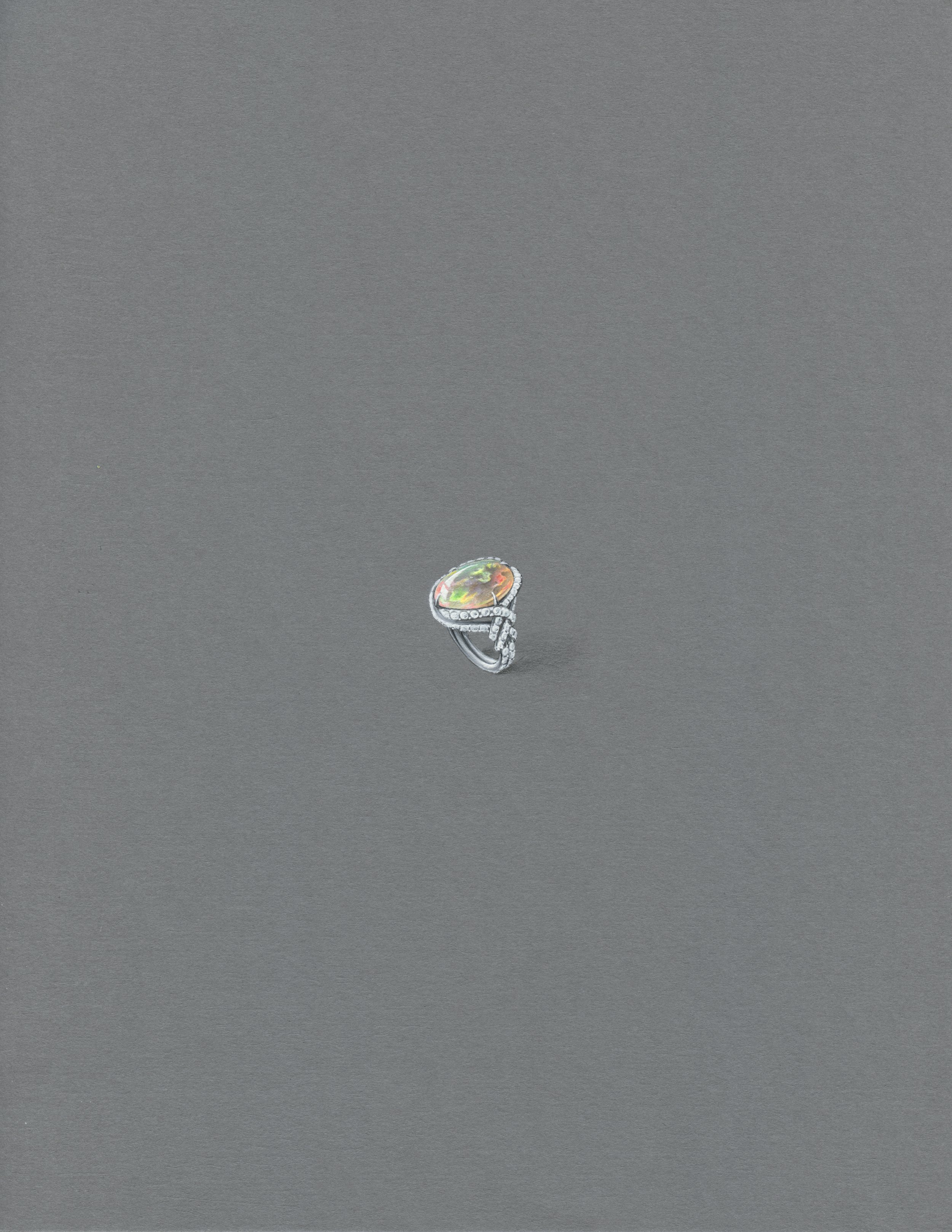  Gouache painting of a ring with Ethiopian Opal and white diamonds set into 18k white gold. 