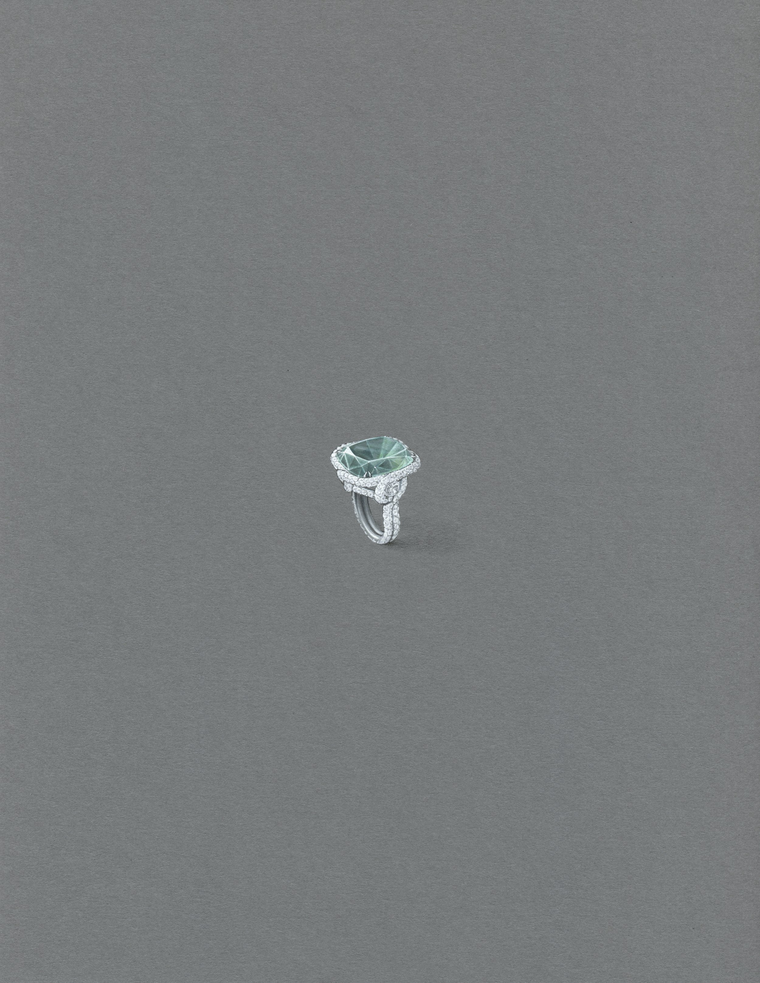  Gouache painting of a ring with Paraiba Tourmaline and white diamonds set into platinum. 