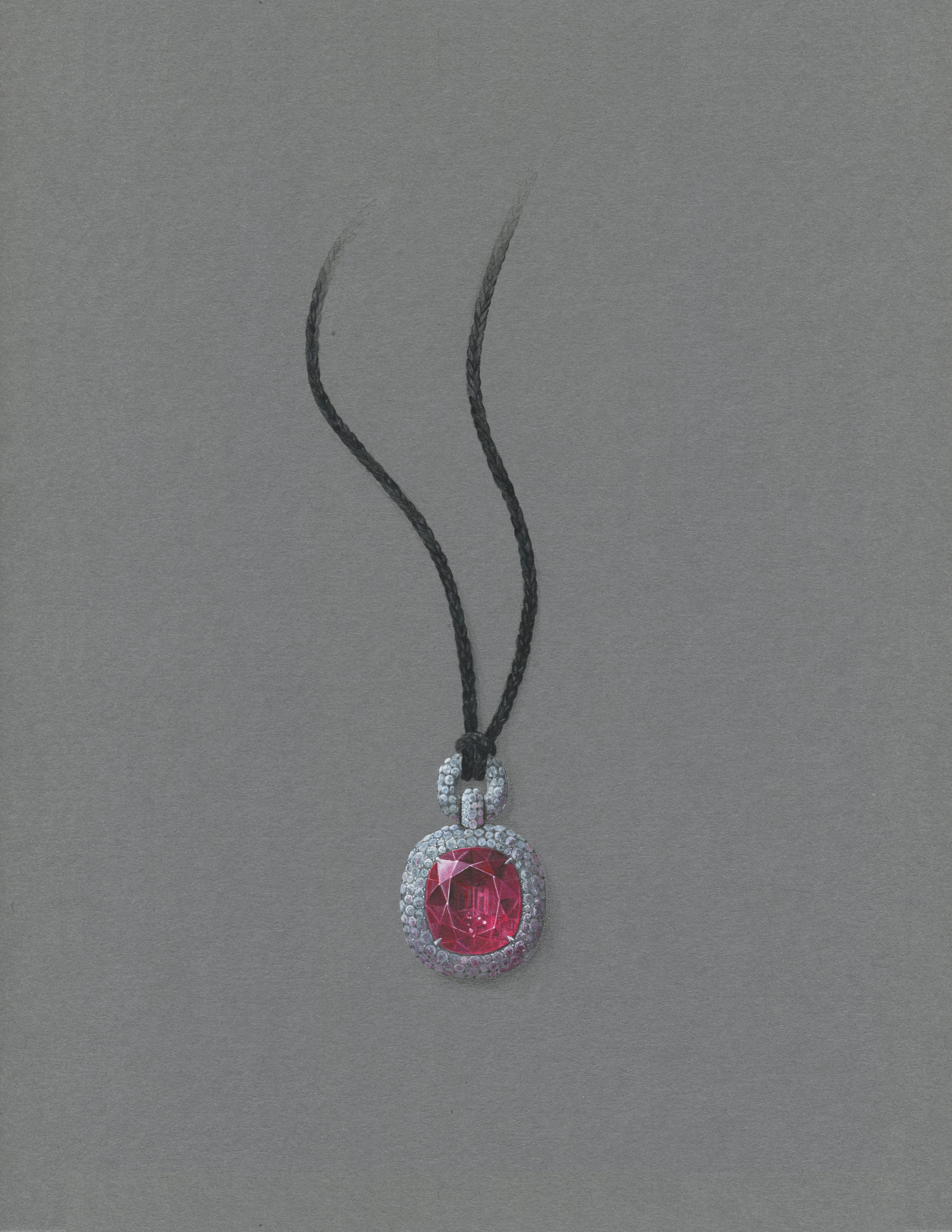  Gouache painting of a rubelite pendant with color change garnet pave, set into white gold, strung on a black silk cord. 