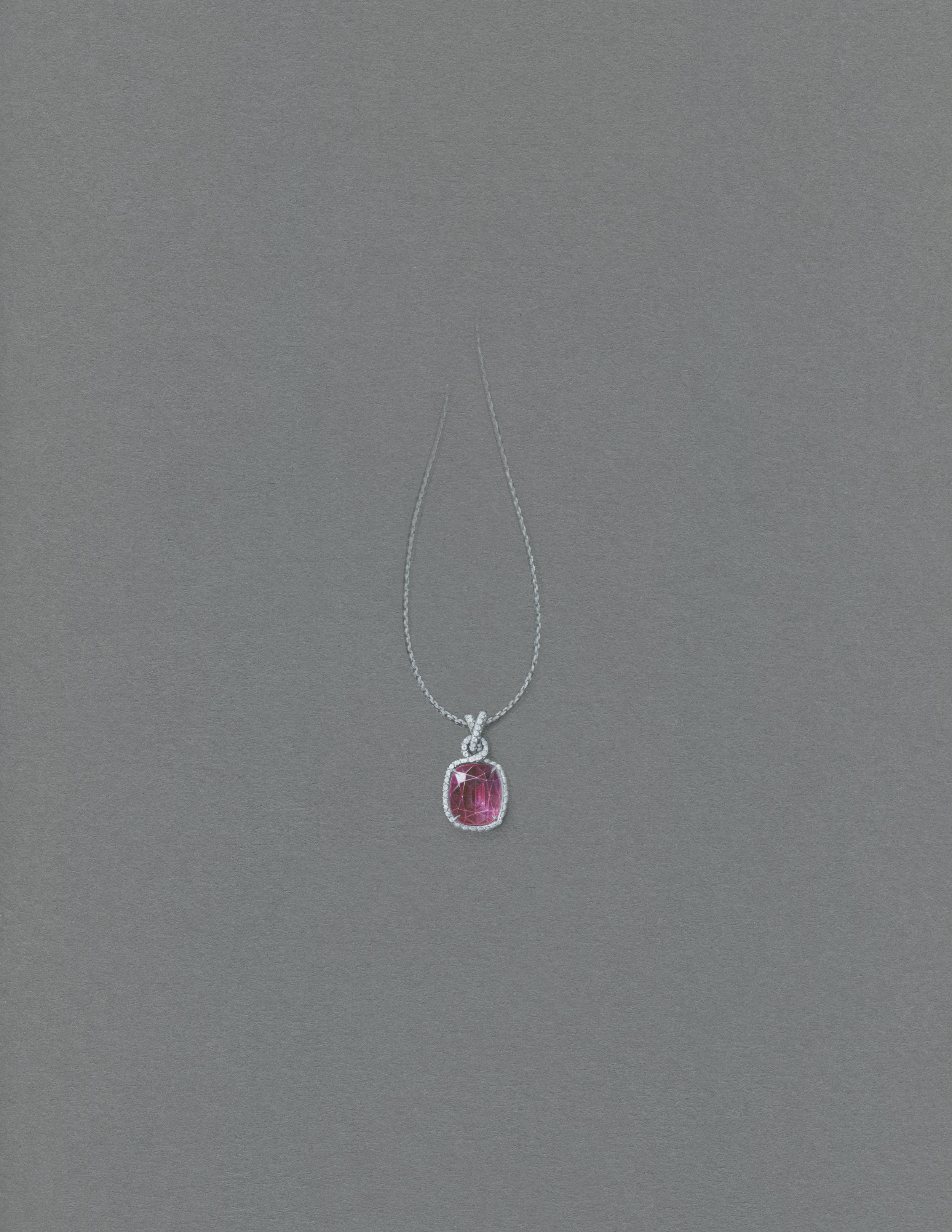 Gouache painting of a rubelite pendant  with white diamond pave in 18k white gold. 