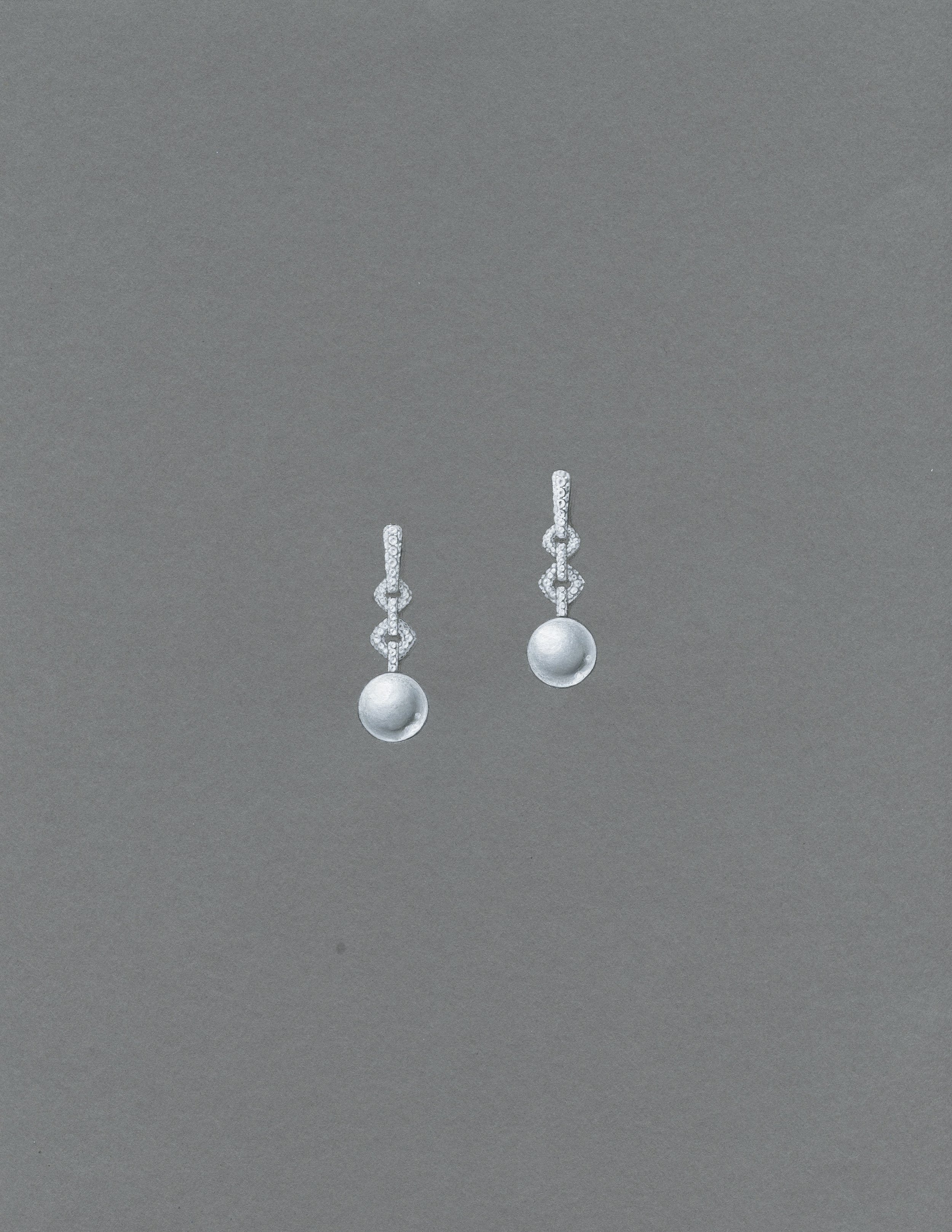 Gouache painting of a pair of earrings with white South Sea pearls and white pave set in 18k white gold. 