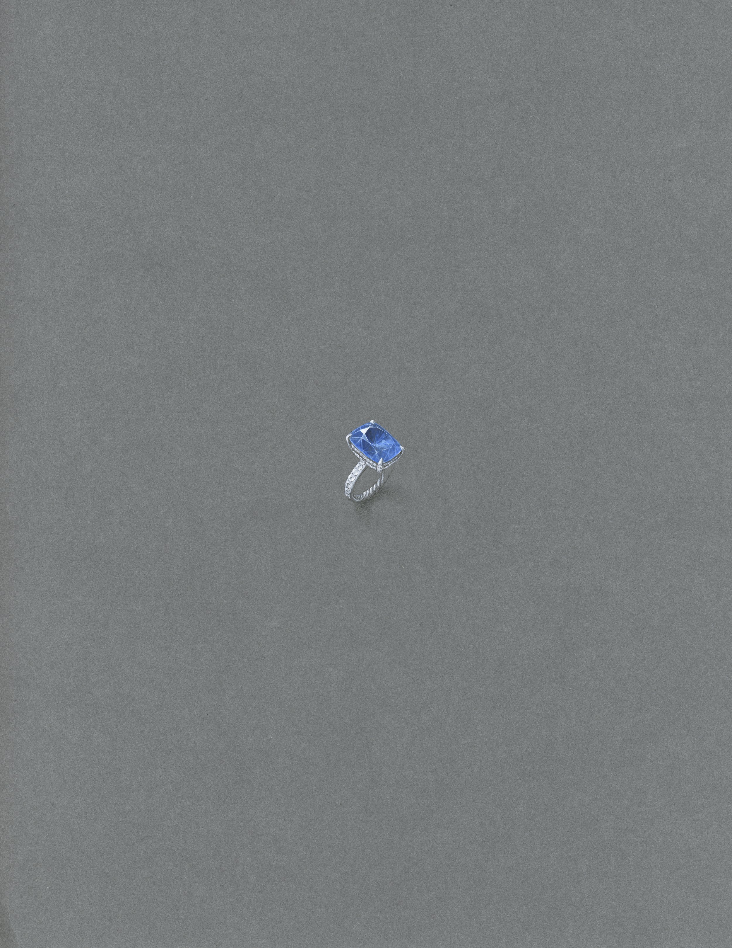  Gouache painting of a ring with sapphire and white diamonds set into platinum. 