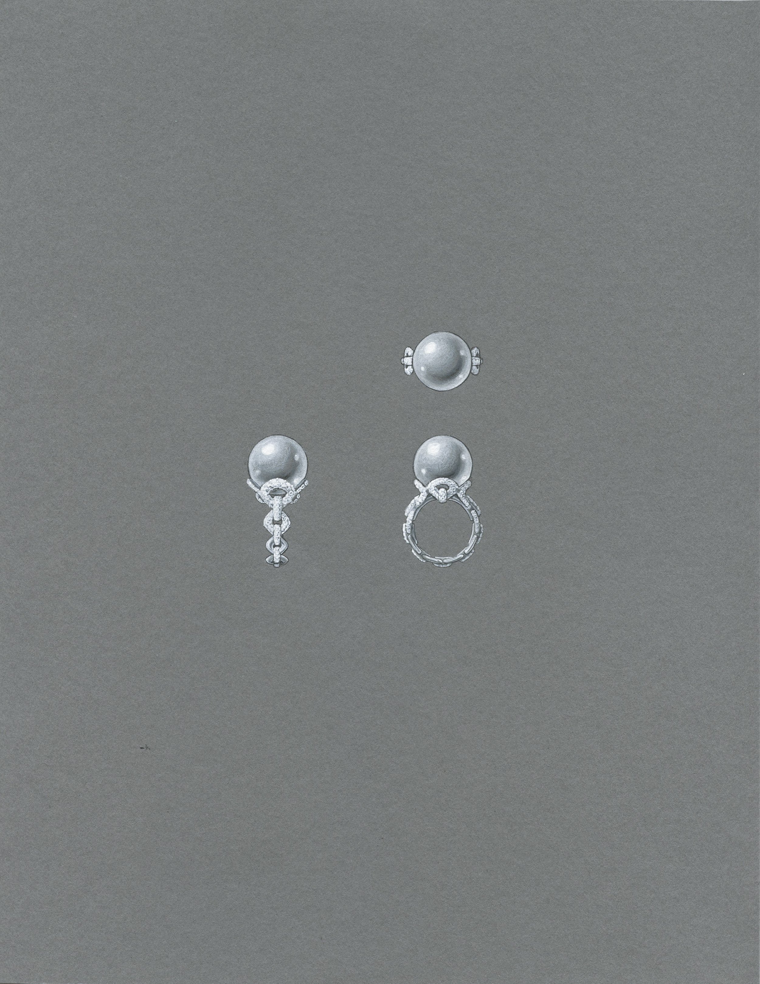  Gouache painting of a ring with a white South Sea pearl and white diamonds set into 18k white gold. 