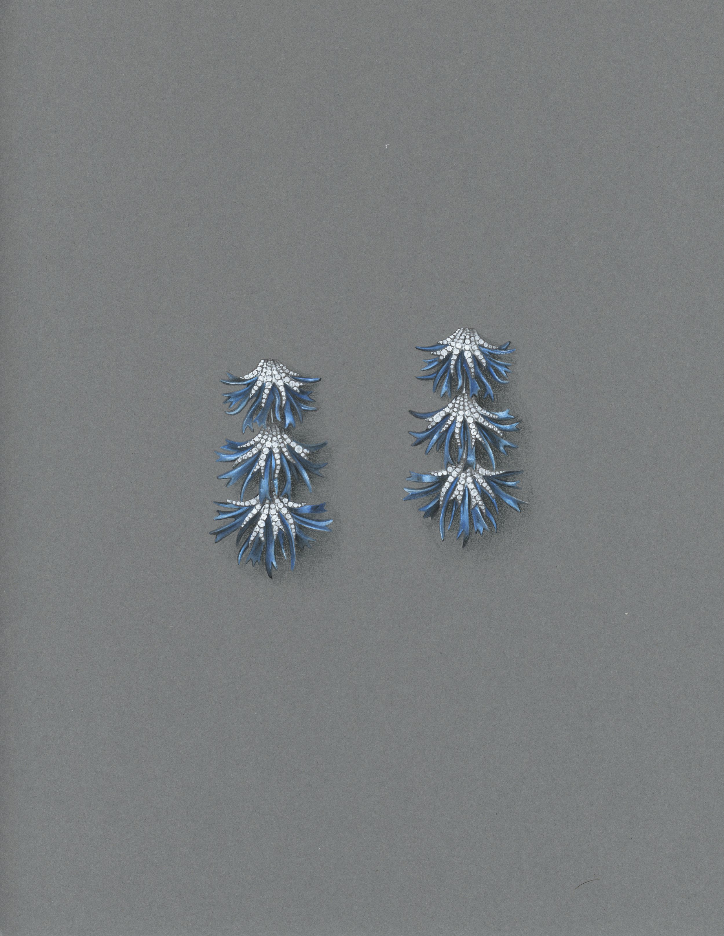  Gouache painting of a pair of ear pendants in 18k white gold, anodized aluminum, and white diamond pave. 