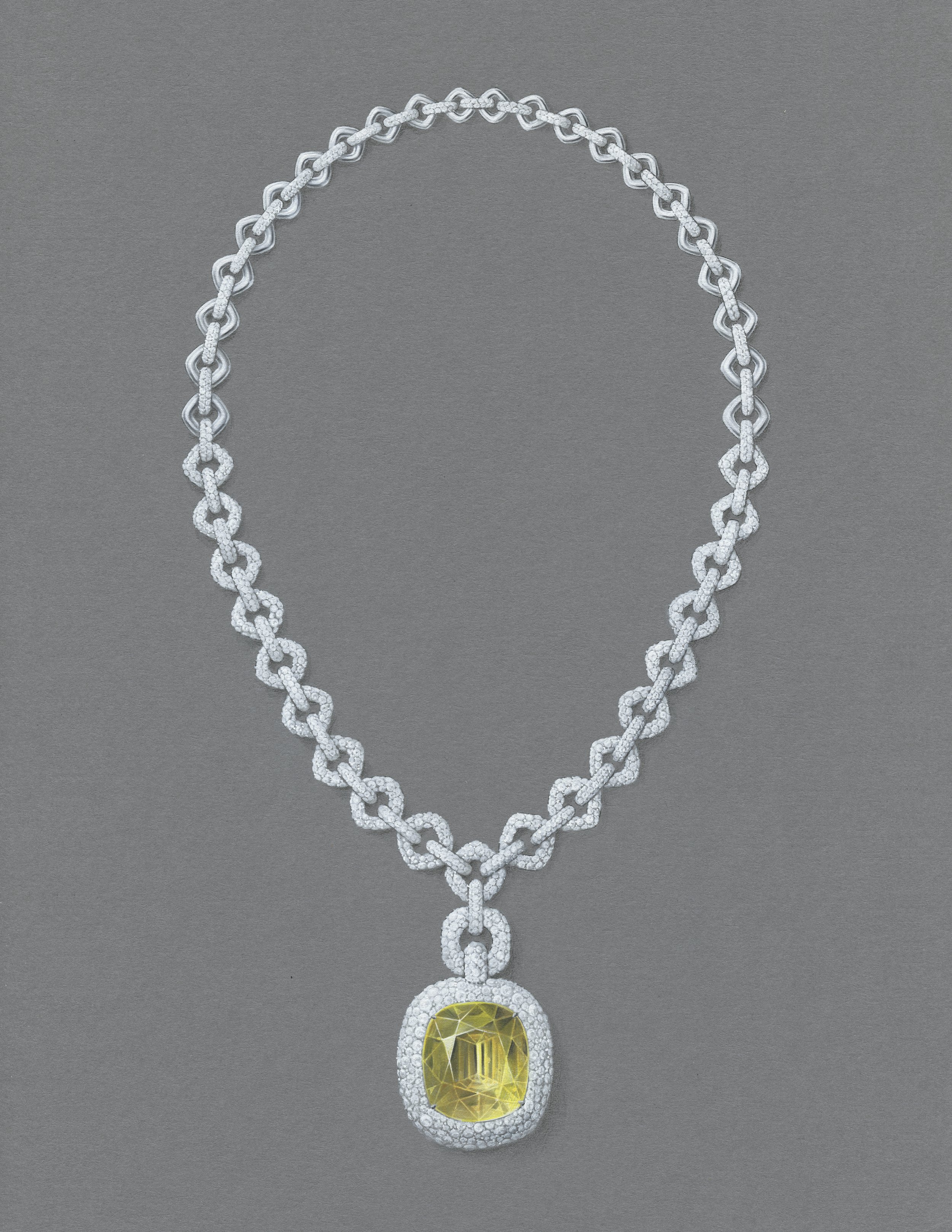  Gouache painting of a yellow beryl pendant necklace with white diamond pave set in 18k white gold. 