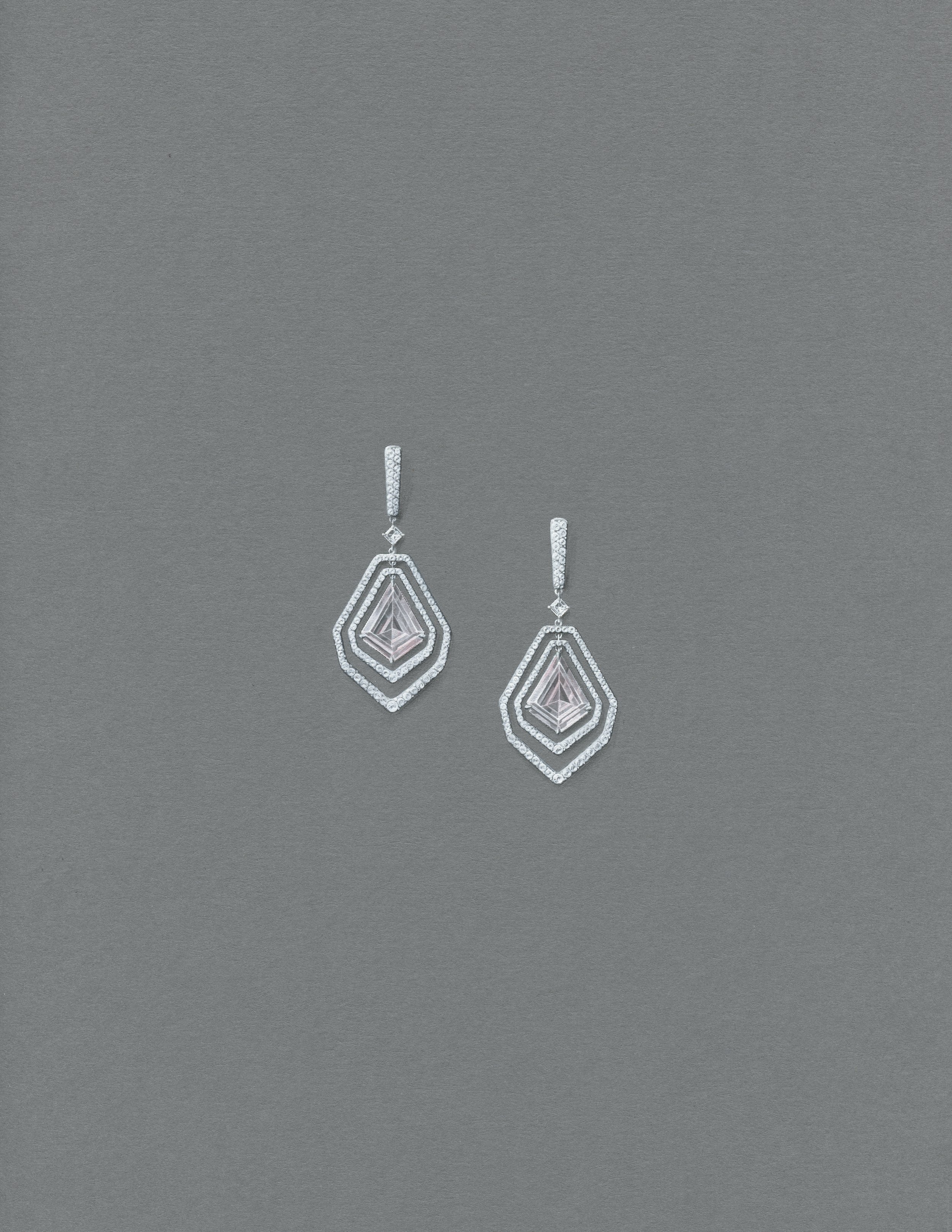  Gouache painting of a pair of earrings with morganite and white diamonds, set in titanium. 