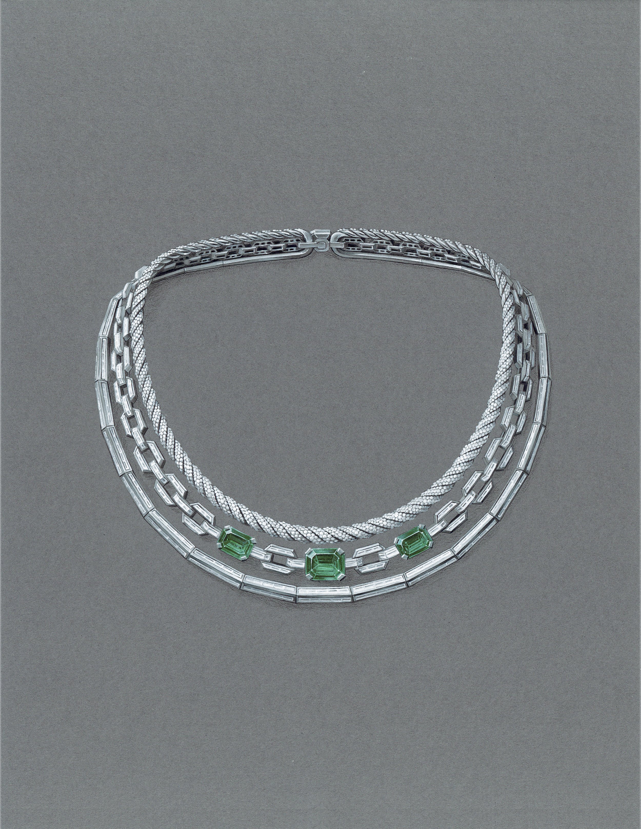  Gouache Painting of an emerald and diamond necklace in 18k white gold.  