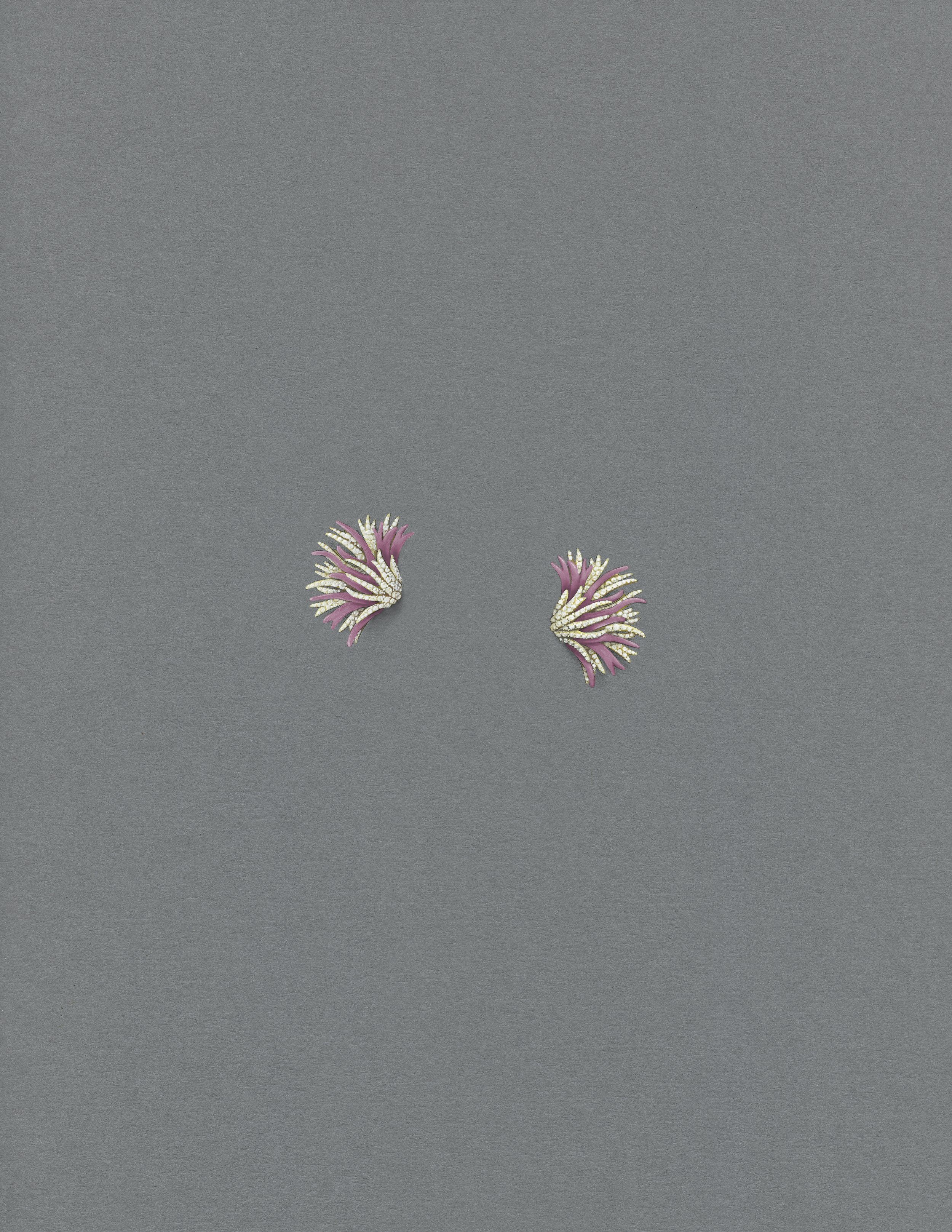  Gouache painting of a pair of ear clips in 18k yellow gold, anodized aluminum, and white diamond pave. 