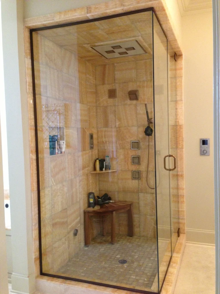 Installed a steam unit with radio and several different body sprayers for a deluxe shower experience.