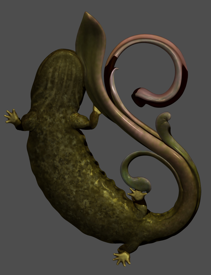 Belly of the Beast. It cannot be seen on the physical sculpture but I did paint it to resemble the features of the belly and palms of a real Hellbender, as I also did here.