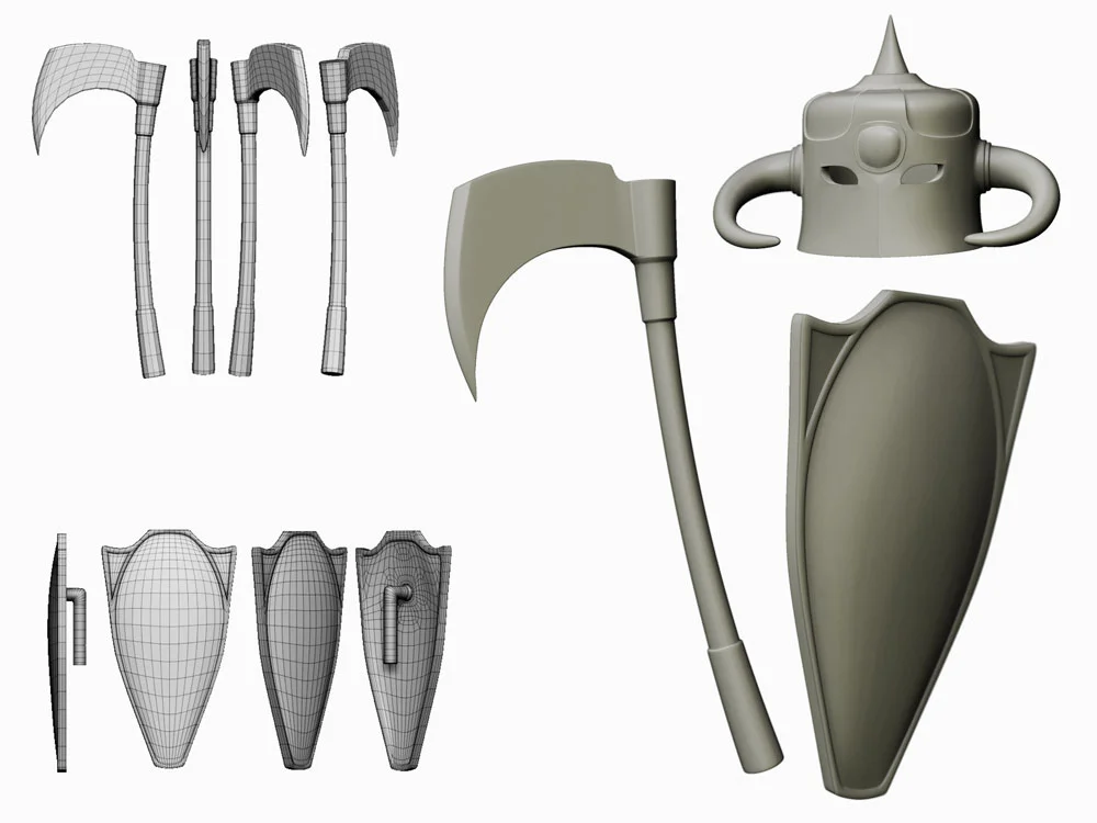 Axe and shield from Frank Frazetta's Death Dealer , scaled and stylized for use with Minimates.