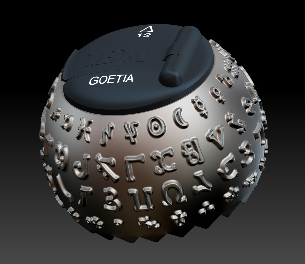  Selectric II typewriter ball with custom font. Base mesh &amp; UVs in Maya. Displacement map and rendering in ZBrush. More  here  .  