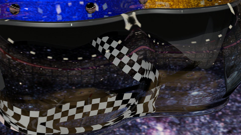 Closeup revealing motorcycle race and arena visible only in reflections.
