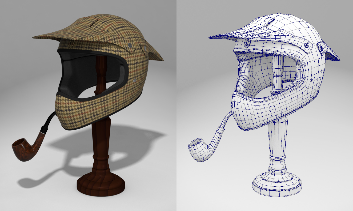Sherlock Holmes' motorcycle helmet. Created houndstooth pattern in Illustrator. Everything else is Maya. A little more here .