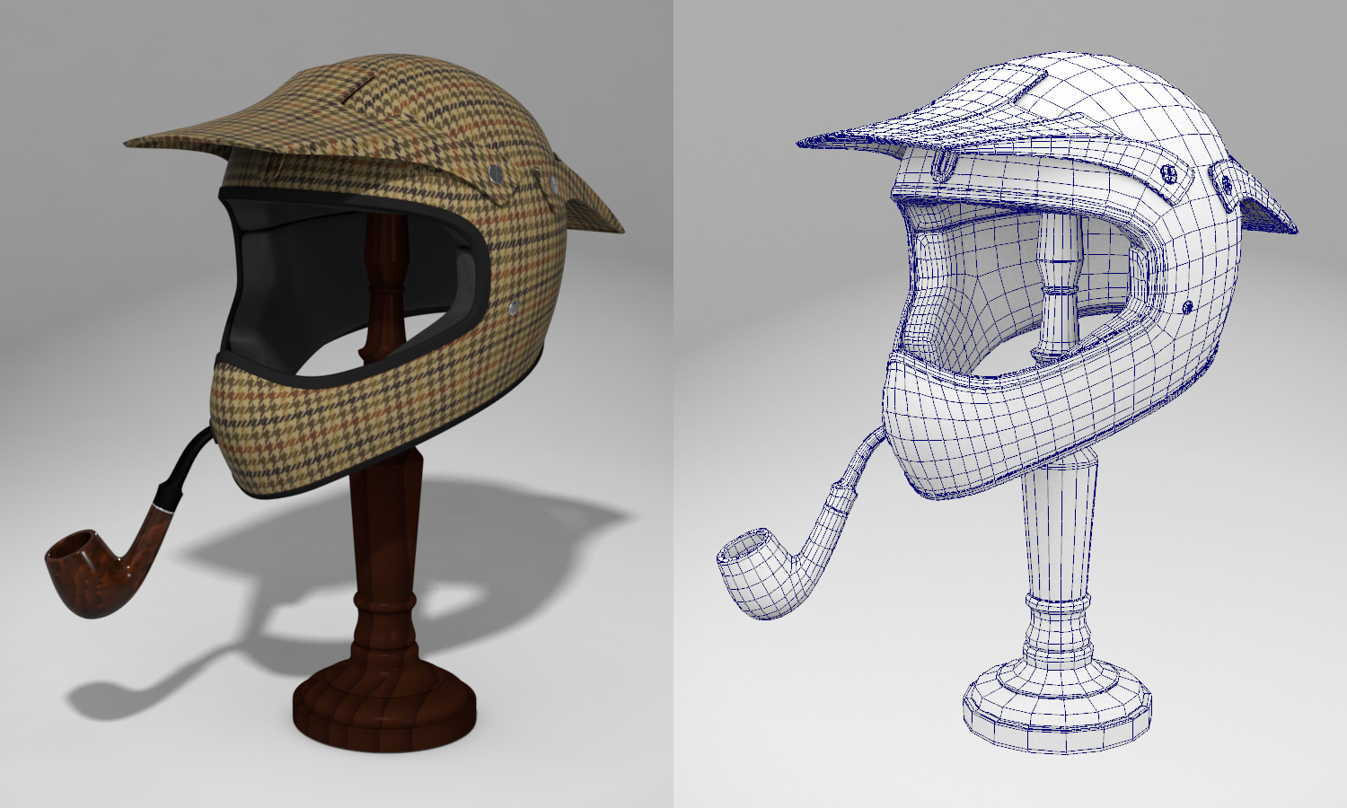  Sherlock Holmes' motorcycle helmet. Created houndstooth pattern in Illustrator. Everything else is Maya. A little more  here . 