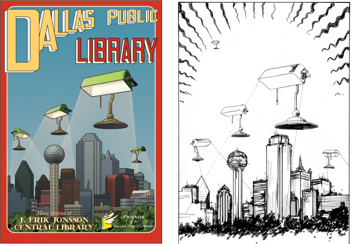  Used Maya and Illustrator to create large outdoor banner for Dallas Public Library in collaboration with artist, M. 