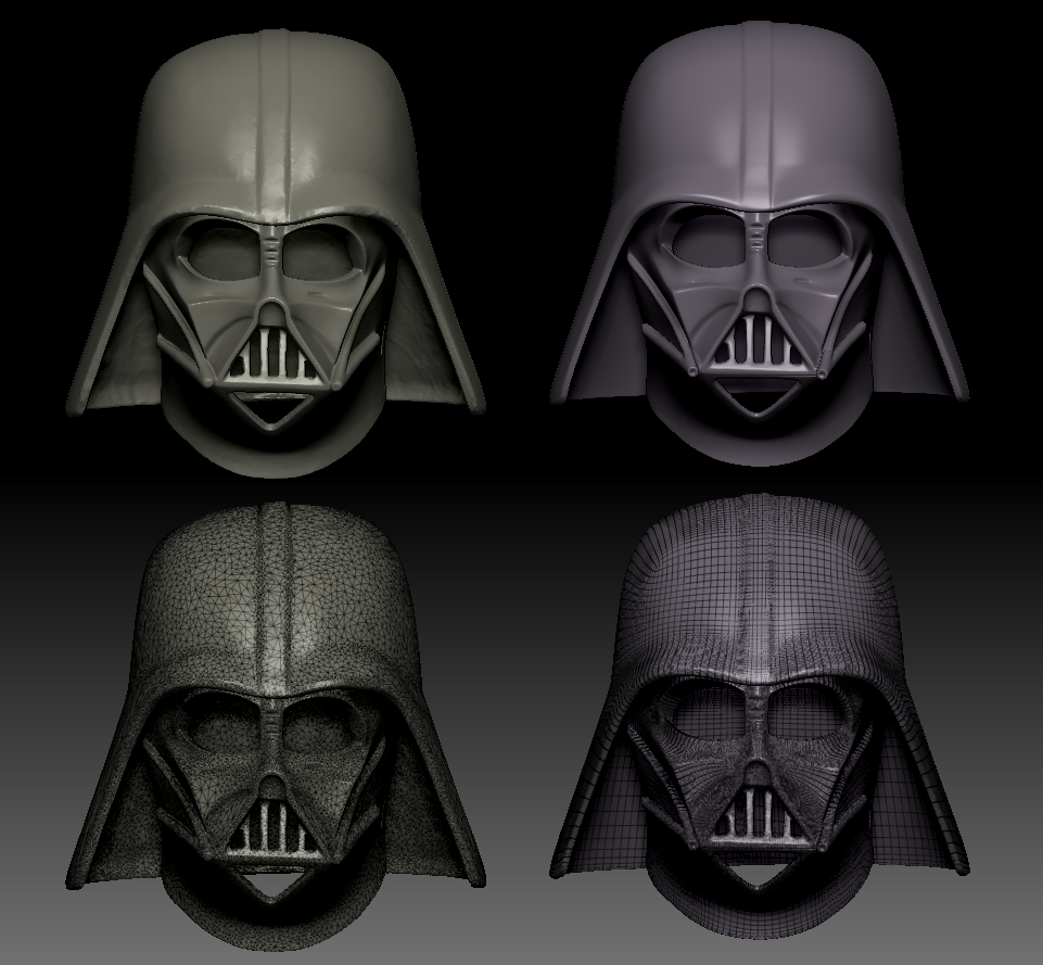 Scan Clean up. Used ZBrush to fix and retopologize scan data of original ESB helmet provided by client then divided mesh to resemble ROTJ "reveal" helmet. Resulting model used for prototype of client's cosplay product concept. (Some lumpiness a
