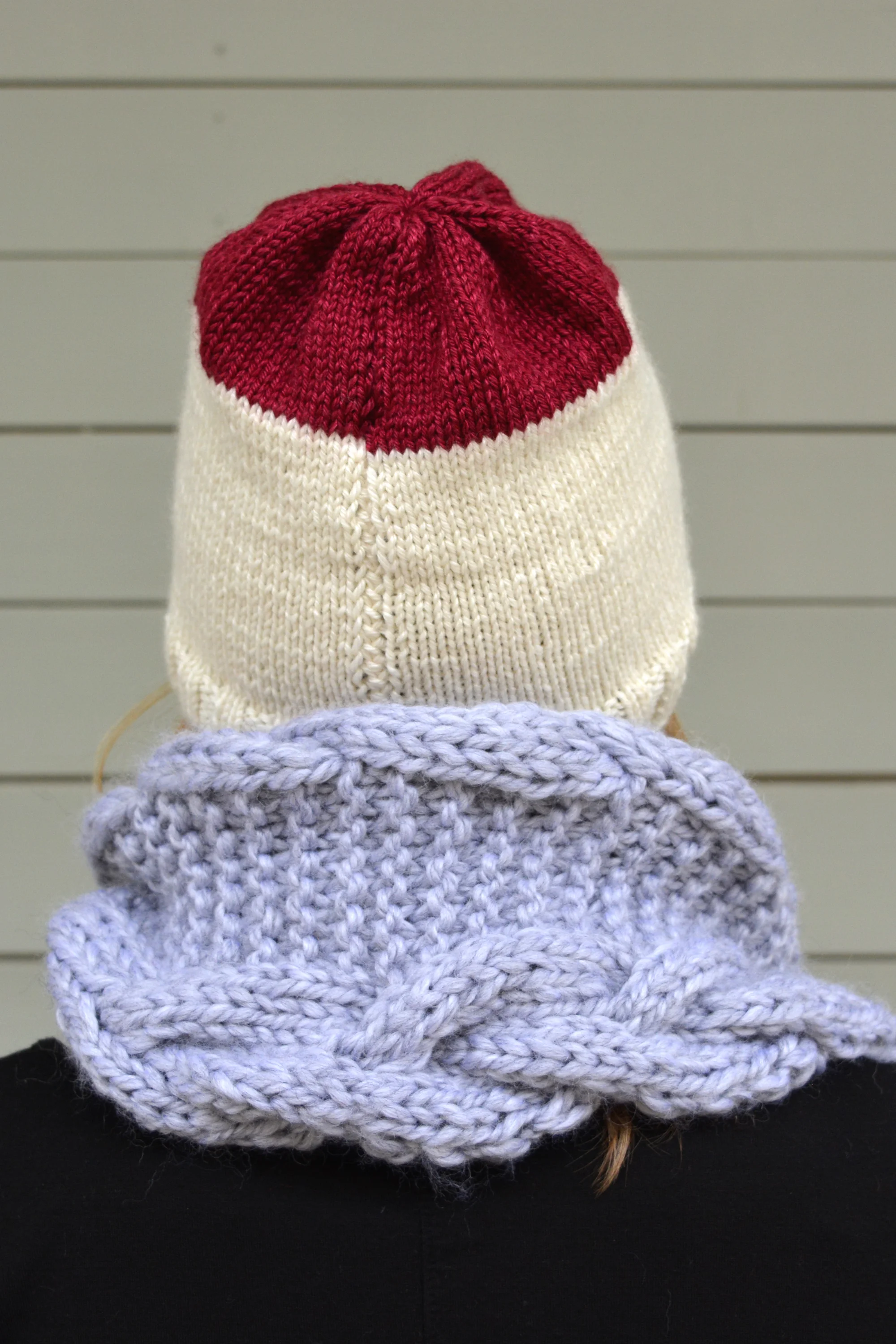knit periwinkle scarf and red and white hat details.jpg