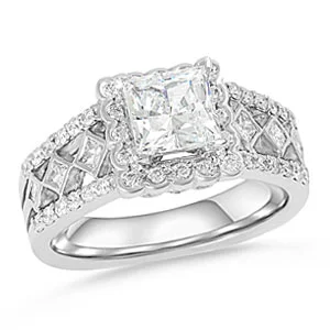 10. Vintage meets modern with this ornate princess cut halo engagement ring.