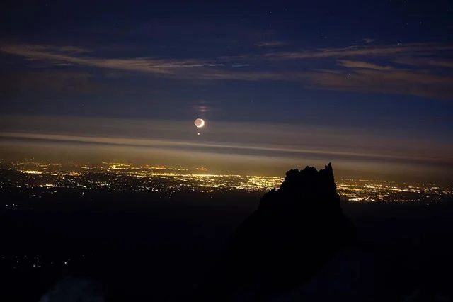 This hike made me realize I need a lighter tent. Who has a recommendation for a great backpacking tent? -
Portland from Mt. Hood with the moon, Venus, and Illumination Rock making an appearance as well.