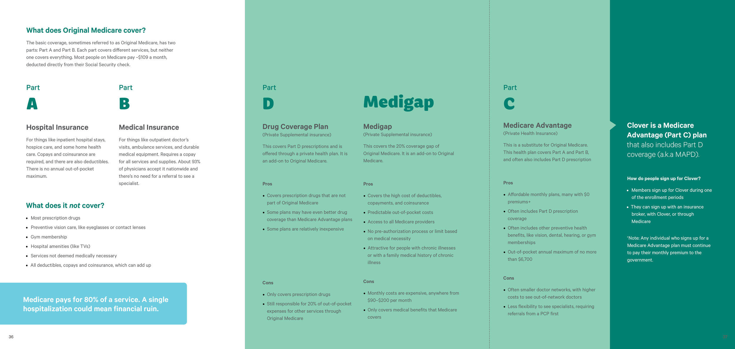 All the different parts and pieces of Medicare. This page was developed as a fold-out spread.