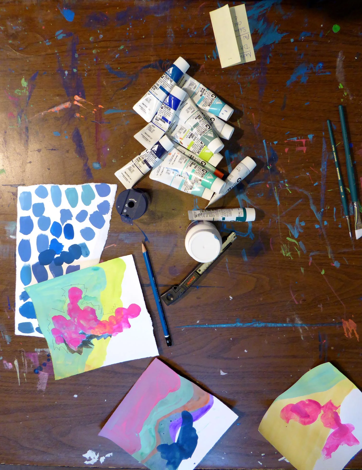 Some new sketches and a shot of my work table, which is beautiful in its own way. 